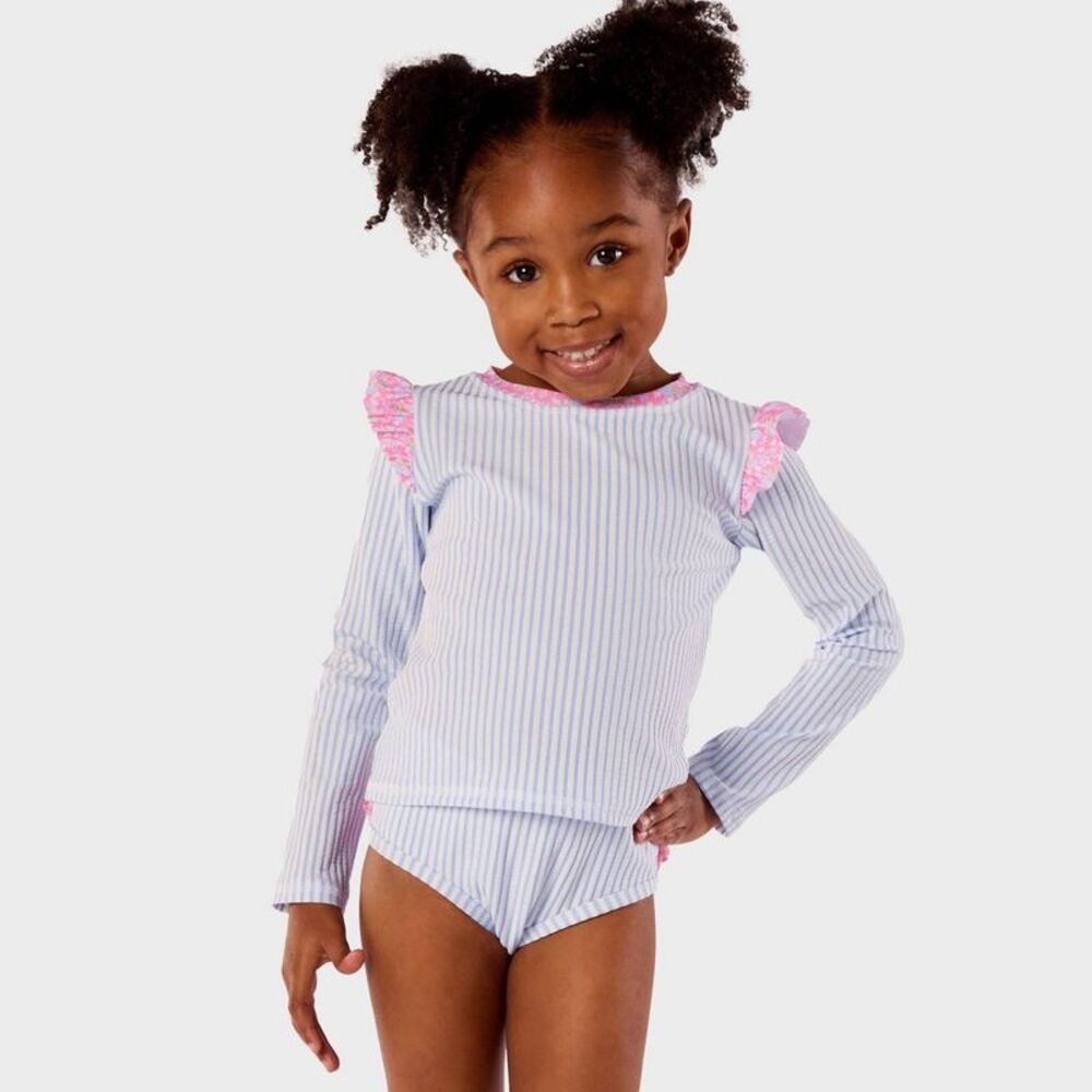 RuffleButts -  Baby Girls' Seersucker Long Sleeve 2pc Blue